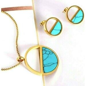 Necklace Stud Earring Set Genuine Turquoise, 14K Plated Titanium, Gold-Tone 18"